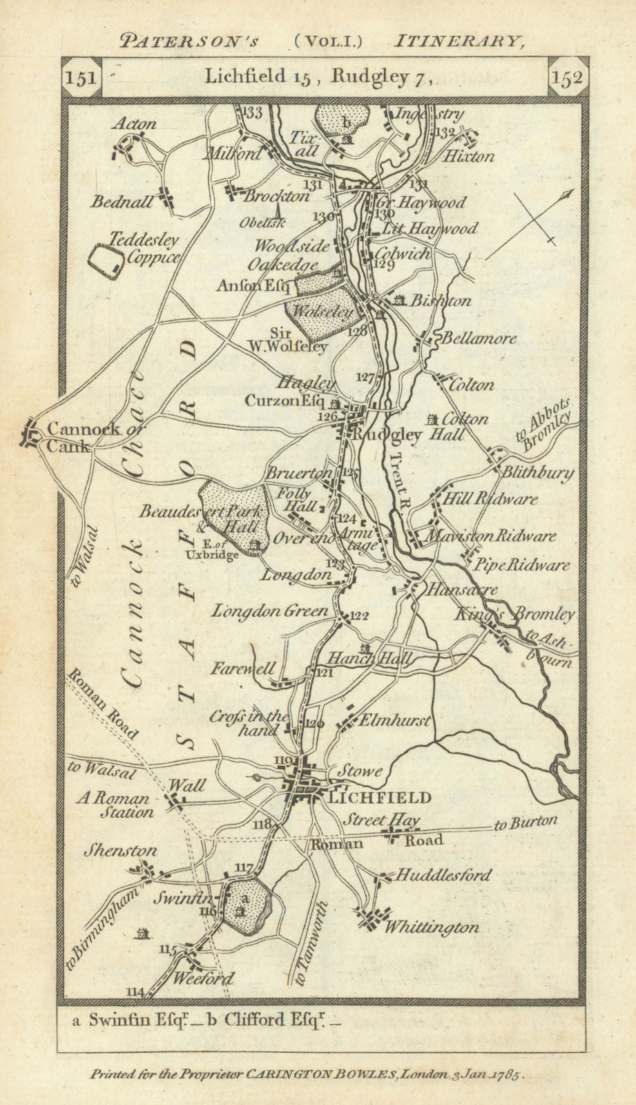 Lichfield - Cannock - Rugeley - Haywood road strip map PATERSON 1785 old